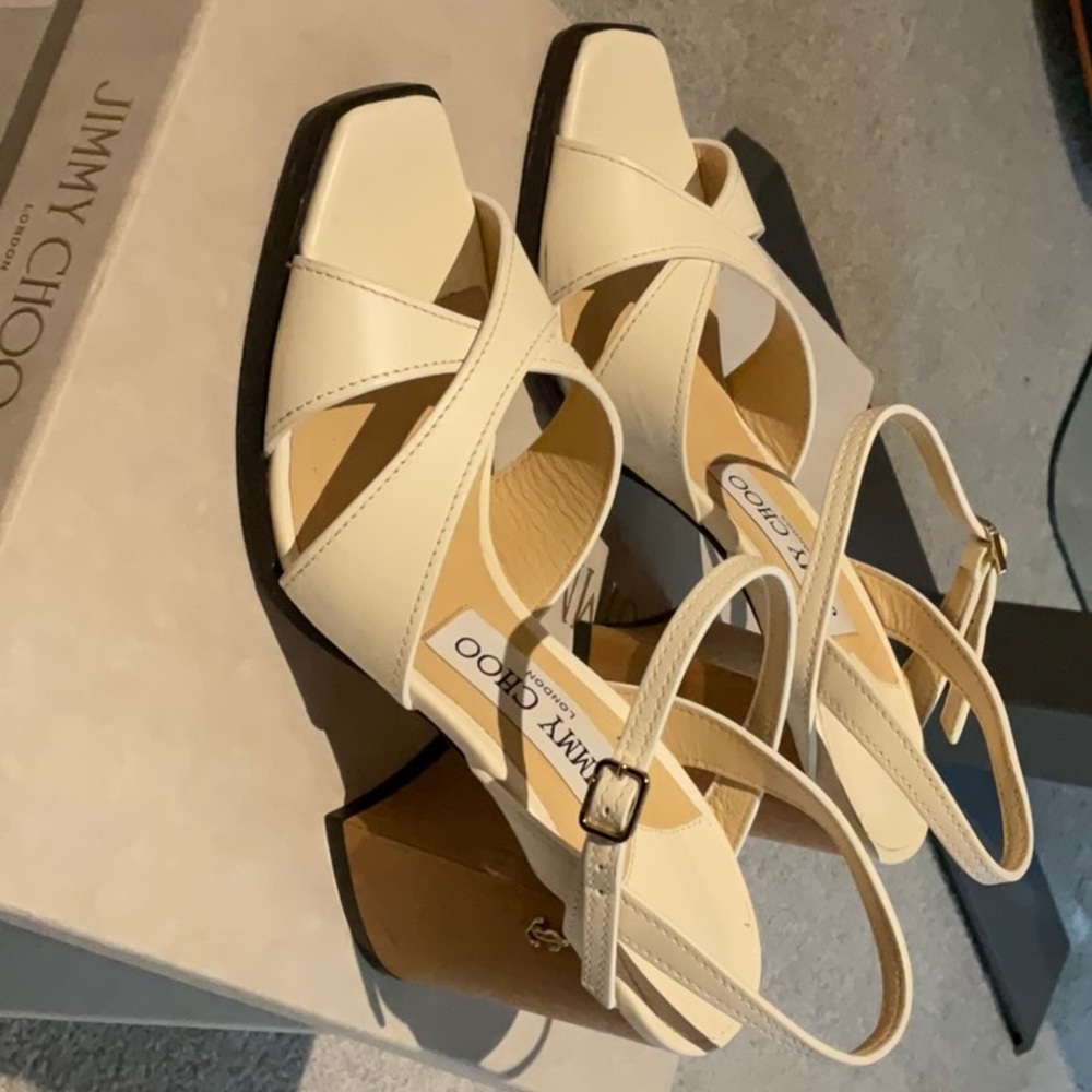 White and wood block Joya 85 Jimmy Choo Heels